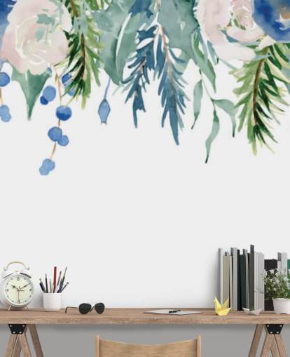 blauwe en groene hangende bloemen op wit achtergrondbehang