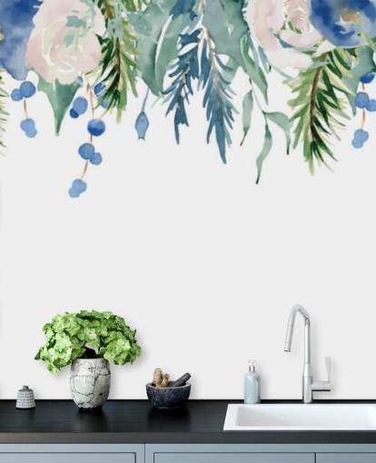 blue and green hanging flowers on white background wallpaper