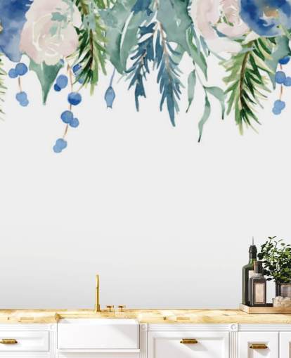 blue and green hanging flowers on white background wallpaper