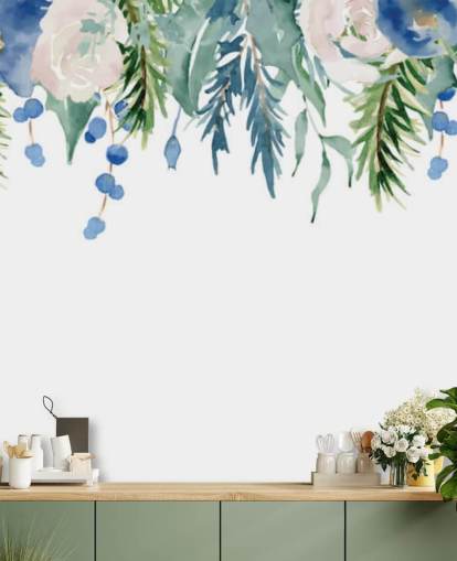 blue and green hanging flowers on white background wallpaper