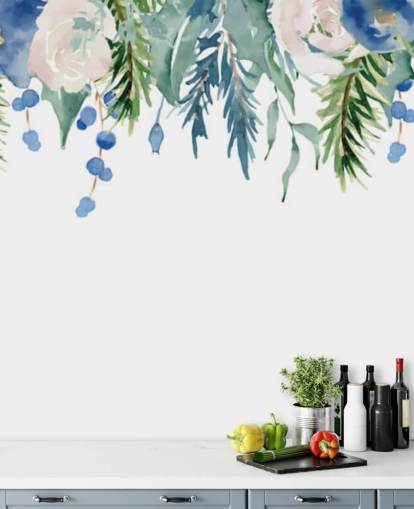 fiori appesi blu e verdi su sfondo bianco carta da parati