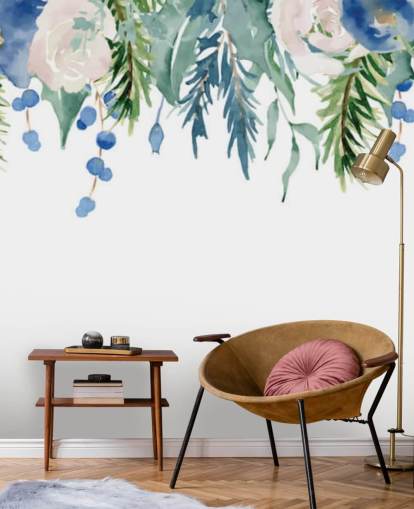 blue and green hanging flowers on white background wallpaper