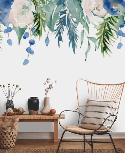 blue and green hanging flowers on white background wallpaper