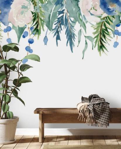 blauwe en groene hangende bloemen op wit achtergrondbehang blauwe en groene hangende bloemen op wit achtergrondbehang