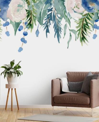 fiori appesi blu e verdi su sfondo bianco carta da parati