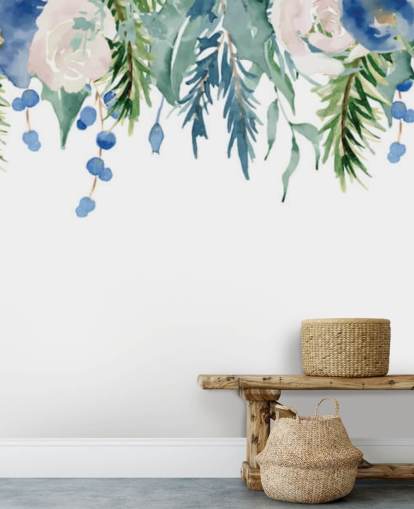 blue and green hanging flowers on white background wallpaper