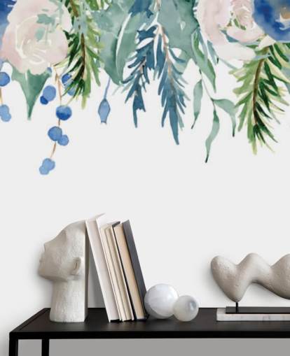 blue and green hanging flowers on white background wallpaper