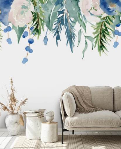 fiori appesi blu e verdi su sfondo bianco carta da parati fiori appesi blu e verdi su sfondo bianco carta da parati