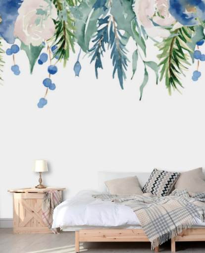 blå og grønne hengende blomster på hvit bakgrunn tapet