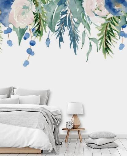 fleurs suspendues bleues et vertes sur fond blanc papier peint