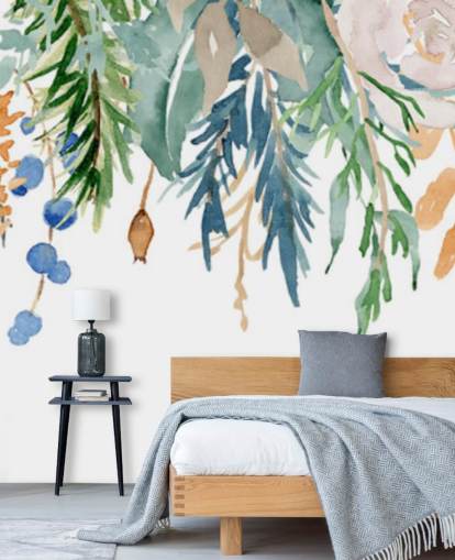 Koraal en blauwe hangende bloemen Bloemen behang Koraal en blauwe hangende bloemen Bloemen behang