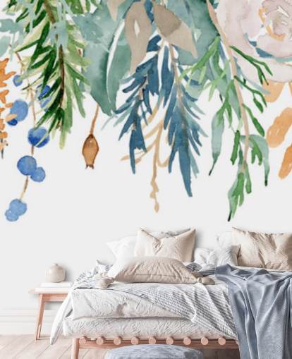 Coral and Blue Hanging Flowers Floral Wallpaper