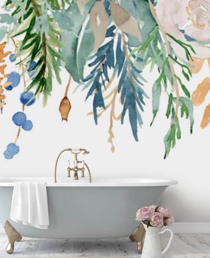 Coral and Blue Hanging Flowers Floral Wallpaper