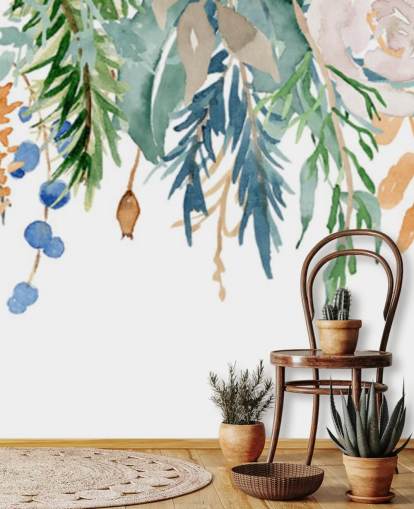 Fleurs suspendues corail et bleu Papier peint floral