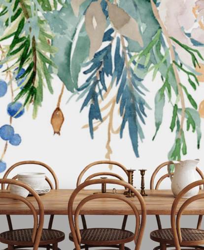 Koraal en blauwe hangende bloemen Bloemen behang