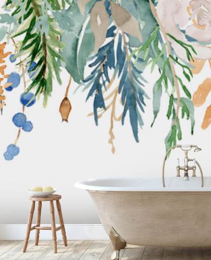 Fleurs suspendues corail et bleu Papier peint floral