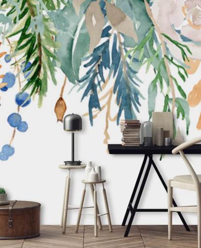 Coral and Blue Hanging Flowers Floral Wallpaper