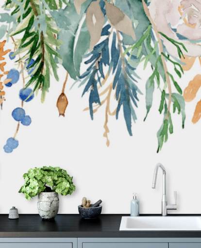 Fleurs suspendues corail et bleu Papier peint floral