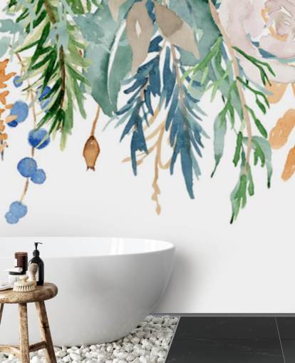 Koraal en blauwe hangende bloemen Bloemen behang Koraal en blauwe hangende bloemen Bloemen behang