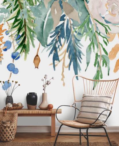 Koraal en blauwe hangende bloemen Bloemen behang Koraal en blauwe hangende bloemen Bloemen behang