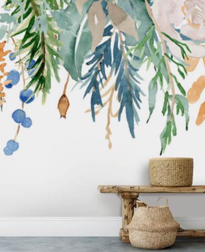 Fleurs suspendues corail et bleu Papier peint floral Fleurs suspendues corail et bleu Papier peint floral