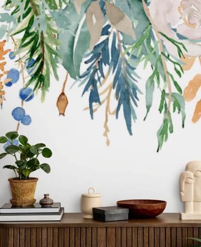 Koraal en blauwe hangende bloemen Bloemen behang Koraal en blauwe hangende bloemen Bloemen behang