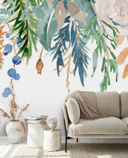 Coral and Blue Hanging Flowers Floral Wallpaper