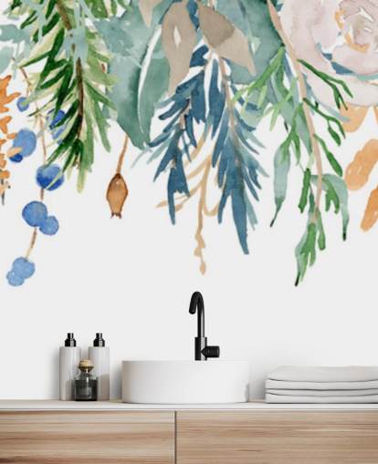 Fleurs suspendues corail et bleu Papier peint floral