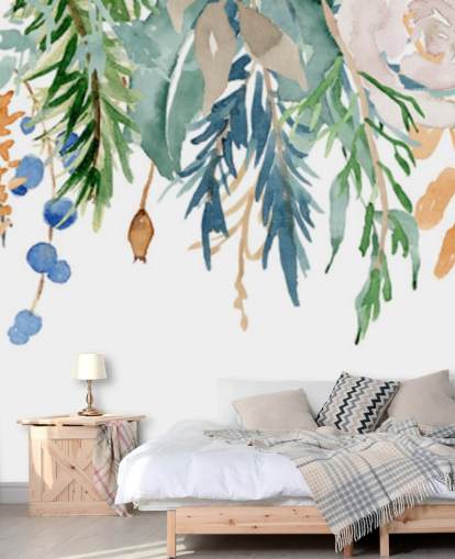 Fleurs suspendues corail et bleu Papier peint floral