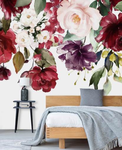 maroon floral wallpaper called Flower Chandelier for bedrooms, living rooms and dining rooms