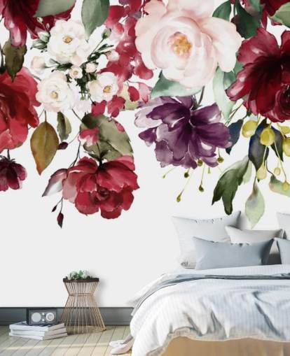 rödbrun blommig tapet kallad Flower Chandelier för sovrum, vardagsrum och matsalar