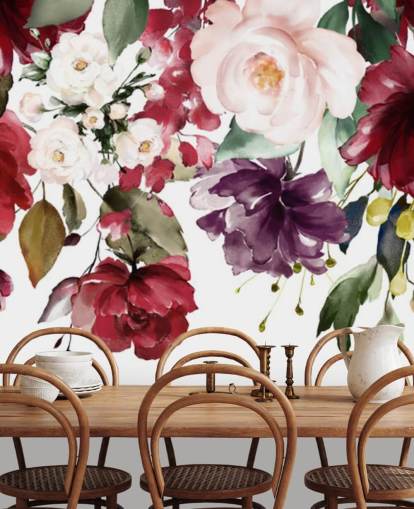 papel pintado floral granate llamado Flower Chandelier para dormitorios, salas de estar y comedores