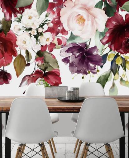 papel pintado floral granate llamado Flower Chandelier para dormitorios, salas de estar y comedores