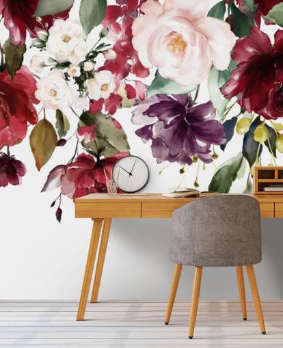 papel pintado floral granate llamado Flower Chandelier para dormitorios, salas de estar y comedores