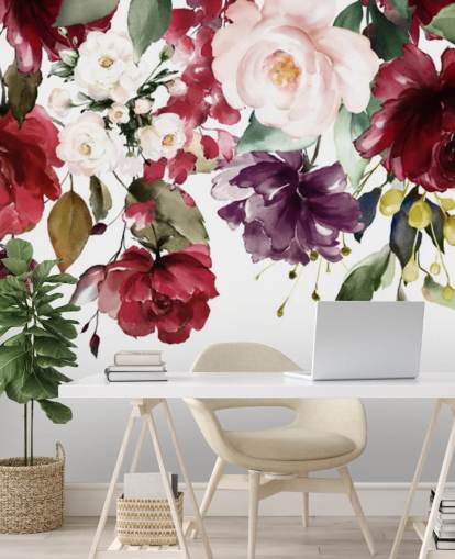 maroon floral wallpaper called Flower Chandelier for bedrooms, living rooms and dining rooms