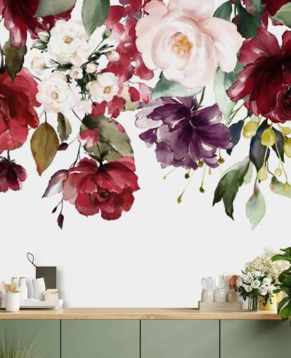 papel pintado floral granate llamado Flower Chandelier para dormitorios, salas de estar y comedores