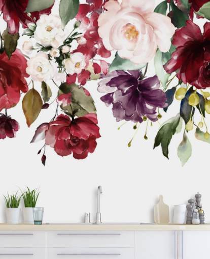 papel pintado floral granate llamado Flower Chandelier para dormitorios, salas de estar y comedores