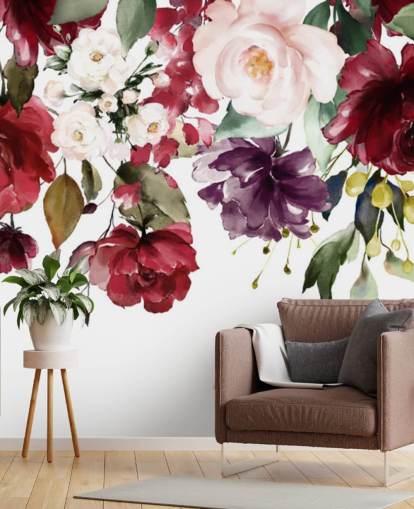 maroon floral wallpaper called Flower Chandelier for bedrooms, living rooms and dining rooms
