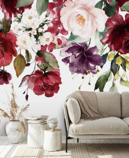 papel pintado floral granate llamado Flower Chandelier para dormitorios, salas de estar y comedores