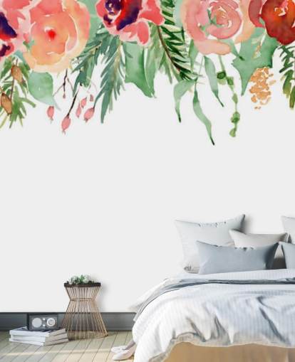 coral and red flowers hanging from ceiling