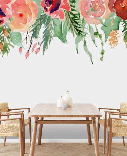 fleurs corail et rouge suspendues au plafond