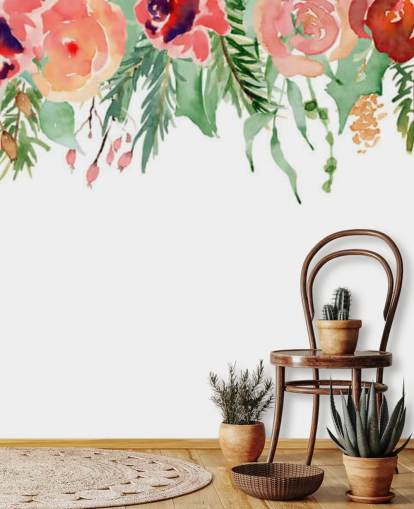 koraal en rode bloemen hangen aan het plafond