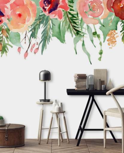 coral and red flowers hanging from ceiling