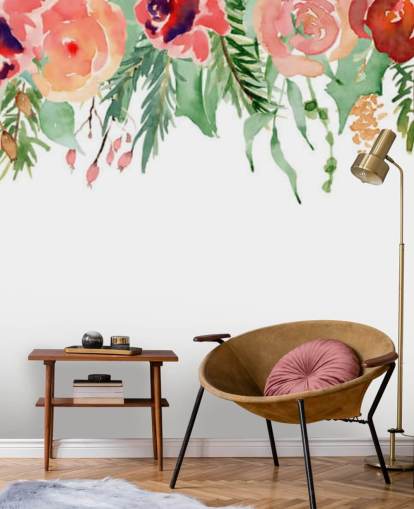 coral and red flowers hanging from ceiling