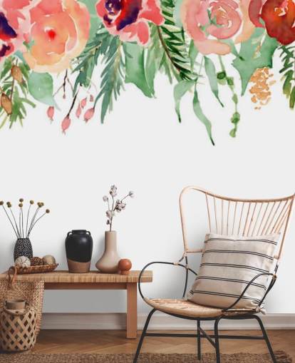 coral and red flowers hanging from ceiling