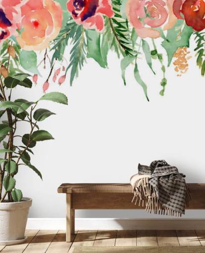 coral and red flowers hanging from ceiling