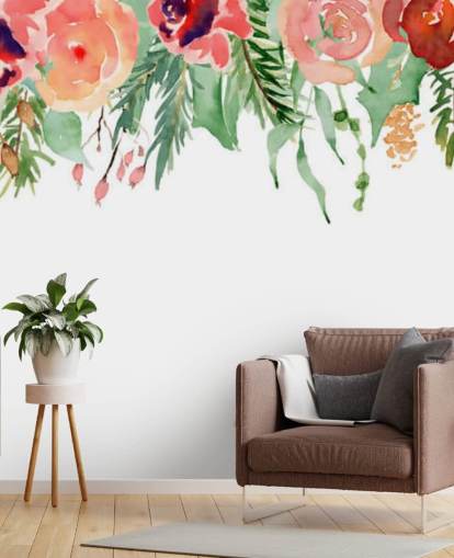 coral and red flowers hanging from ceiling