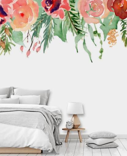 coral and red flowers hanging from ceiling