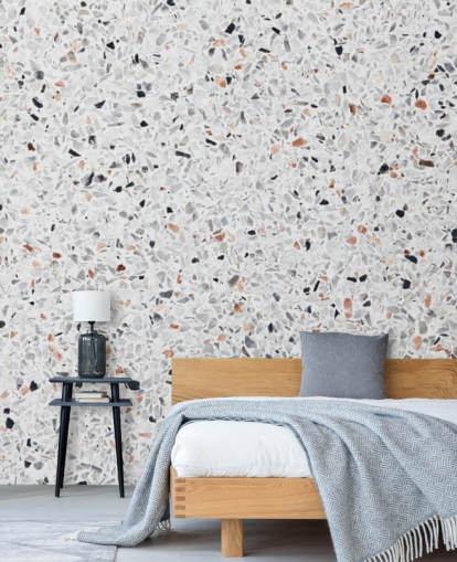 Papier peint terrazzo gris moucheté, noir et terre cuite