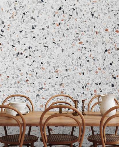 Gespikkeld grijs en zwart en terracotta terrazzo behang